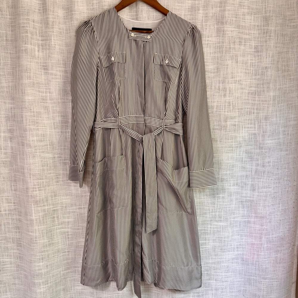 J Crew Collection 100% Silk Striped Shirt Dress Pockets Gray Cream Size 8